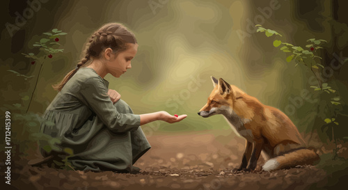 A Young Girl Offers a Berry to a Wild Fox in a Serene Forest Environment