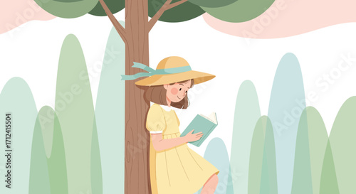 A Young Girl Reading Under A Tree Enjoying A Relaxing And Peaceful Afternoon
