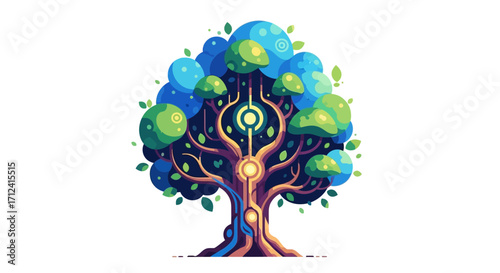 Vibrant mystical tree of life with glowing core and colorful foliage.