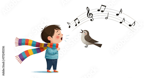 A Harmonious Duet of Child and Bird Serenading Melodious Notes in Delightful Harmony