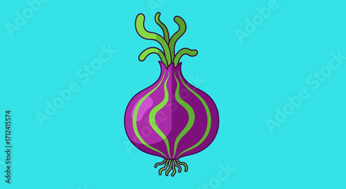 Vibrant purple onion with green shoots illustration.
