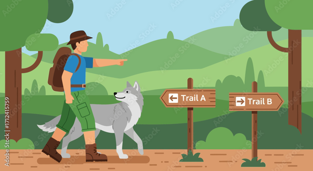 Fototapeta premium A Hiker Choosing Pathway Direction with A Companion Dog on a Green Mountain Trail