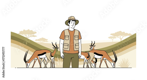A Young Man In Safari Apparel Watching Gazelles Grazing In A Serene Landscape Illustration