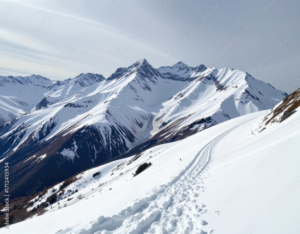 Obraz premium Expansive snowy mountain landscape with rugged peaks and fresh ski tracks on pristine snow under a cloudy sky du daytime