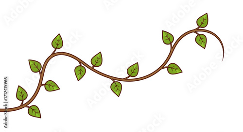 Whimsical Vine Illustration with Fresh Green Leaves on a Curving Stem