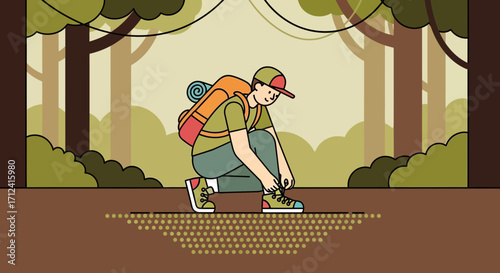 A Hiker Pauses To Tie Shoelaces Before Continuing Into The Forest Adventure