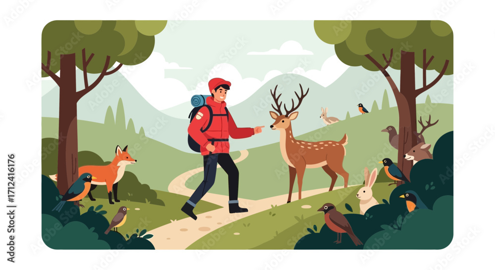 Fototapeta premium A Hiker's Adventure: Deer, Fox, And Birds Enjoying Tranquil Wilderness Scene