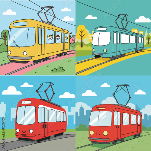 Set of colorful cartoon trams and streetcars in various urban cityscapes, a cute public transportation concept