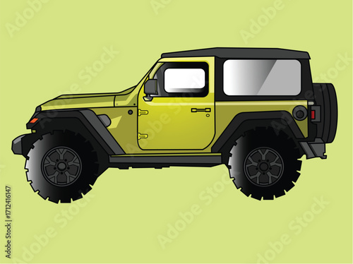 A retro illustration of a classic green 4x4 vintage jeep on a road