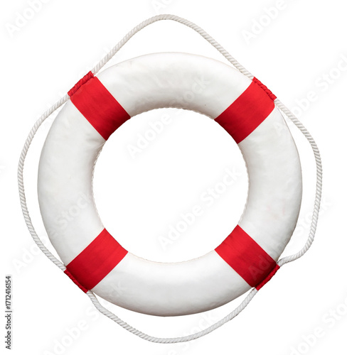 White and red lifebuoy with rope on white background