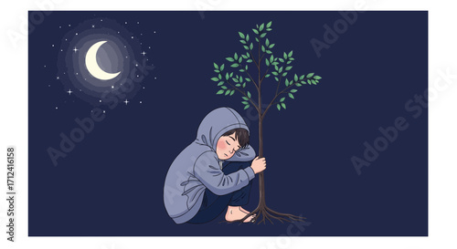A Young Person Embraces Tree Under The Moonlight Sky Symbolizing Solitude