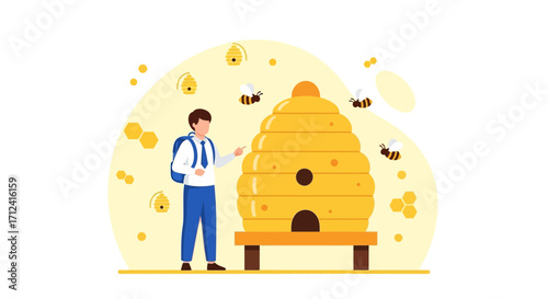 A Young Person Examining a Honeycomb Hive for Apiculture Education Purposes