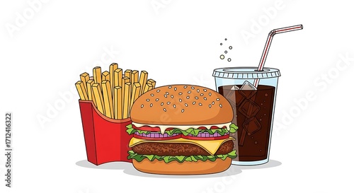 Cartoon Fast Food Meal Burger Fries and Soda.