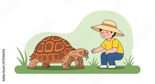 A Young Person Interacting With a Friendly Tortoise On a Sunny Day