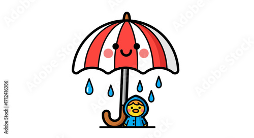 Cute cartoon illustration of a child and umbrella, shielding from rain in a vibrant, fun scene