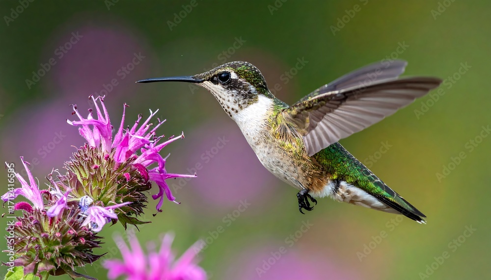 Fototapeta premium A hummingbird hovers in mid-air, close to a vibrant cluster of pink flowers, showcasing its delicate features and vibrant plumage.