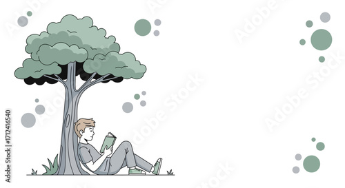 A Young Person Reads Under Tree Enjoying Quiet Moments of Leisure and Relaxation Outdoors