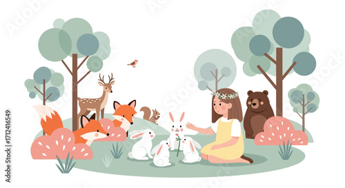 A Kindhearted Forest Sprite Interacts With Wildlife And Blossoms In Nature