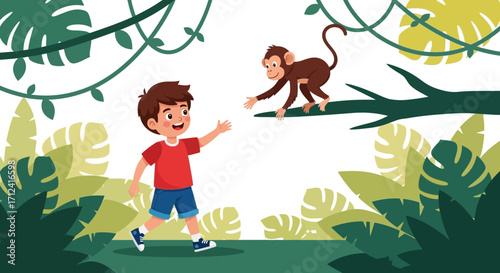 A Little Boy And A Friendly Monkey In An Animated Jungle Setting
