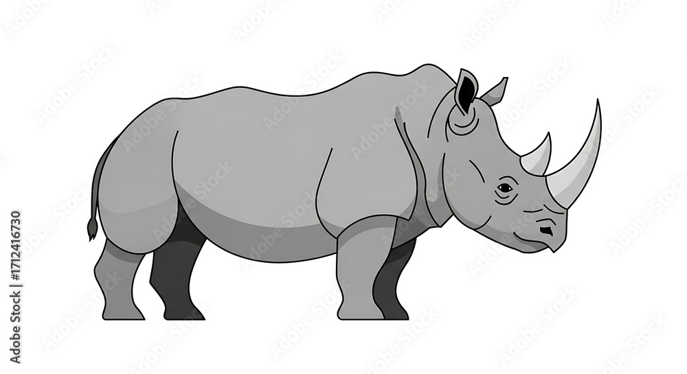 Obraz premium Cartoon Rhino Illustration Gray Scale Bold Outlines White Background.