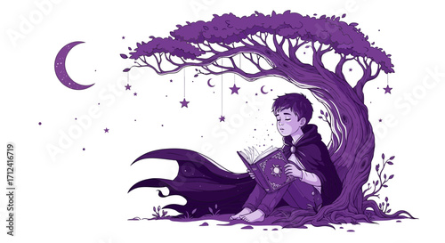 A Magical Young Boy Reading Underneath A Mystical Tree During Nightfall
