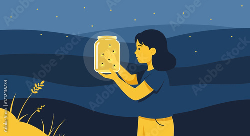 A Young Woman Carefully Holds A Jar Filled With Sparkling Fireflies Under The Night Sky