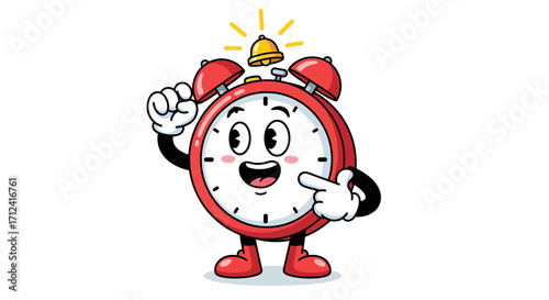 Whimsical alarm clock character with a cheerful expression, pointing to itself with one hand raised, symbolizing time management and punctuality