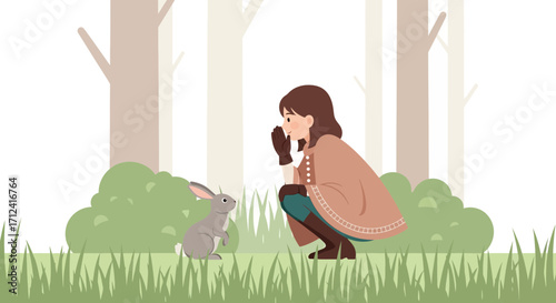 A Young Woman Discovering A Rabbit In A Forest Clearing, Communicating Gently