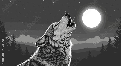 A Majestic Wolf Howling Beneath the Moonlight in a Serene Wilderness Scene