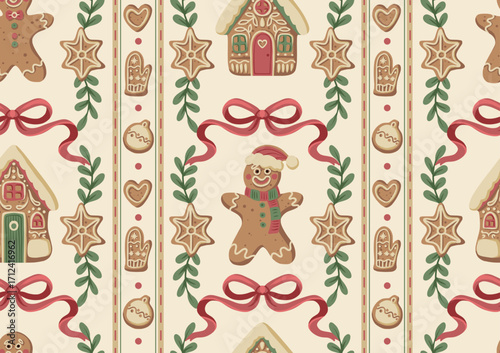 Christmas gingerbread gingerman bow seamless pattern with cookies stars hearts mittens holiday decoration