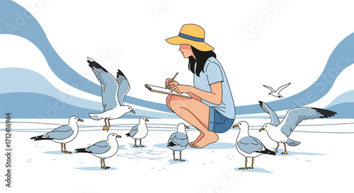A Young Woman Sketches Seagulls On The Beach While Enjoying The Seaside Sunset