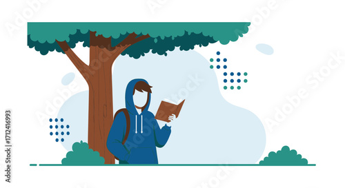 A Youthful Reader Enjoying Literature Under a Tree in a Park During Daylight