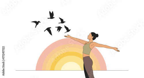 Abstract Illustration Of Freedom, Peace, And Hope, With Birds And Sunrise Silhouette