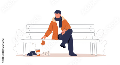 A Man Sitting on a Park Bench in Autumn Season with Fallen Leaves near Him