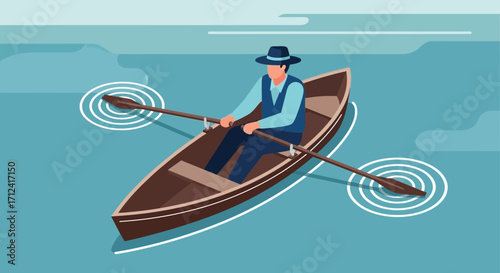 A Man Rowing a Boat on the Calm Blue Water in A Minimalist Vector Illustration