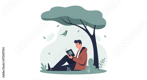 A Man Reads Beneath A Tree, Enjoying Tranquility And Connecting With Nature Outdoors
