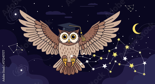 Academic Owl Soaring Through The Cosmos, Exploring Celestial Knowledge at Night