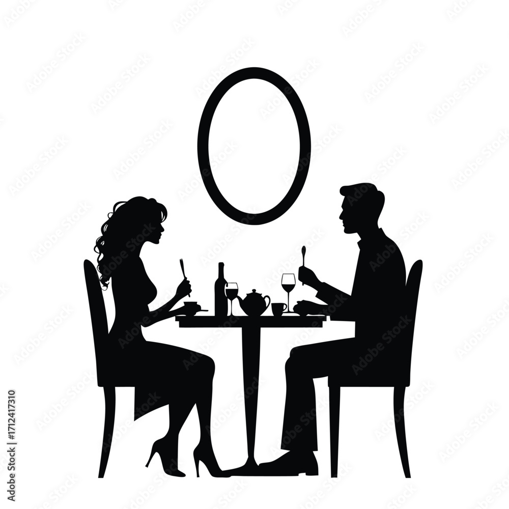 Fototapeta premium Couple dining at table with wine and tea set silhouette