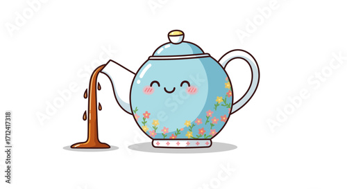 Cute Kawaii Blue Teapot with Flowers Pouring Tea, Cartoon Vector Illustration