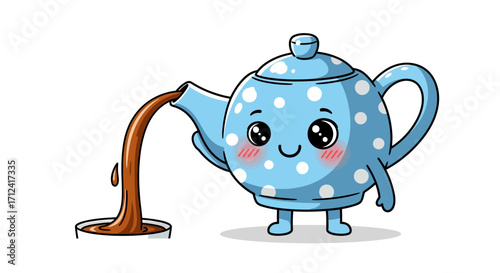 Adorable cartoon teapot mascot in cheerful blue with white polka dots, happily pouring a rich, dark beverage, symbolizing comfort, warmth, and a friendly service in a delightful illustration