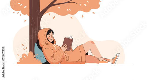 A Moment Of Peace, Reading Under The Autumnal Canopy, An Illustrated Serenity