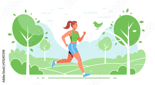 Active Run Through Green Park, Joyful Exercise, Peaceful Sport and Healthy Lifestyle Illustration