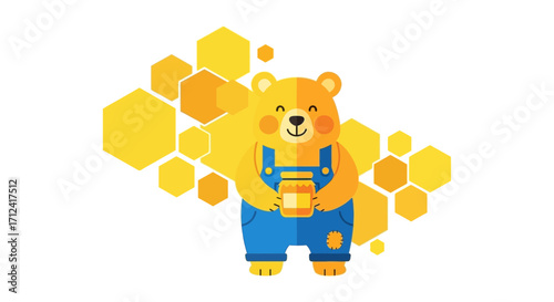 Adorable Bear With Honey, Beehive Elements, And Cute Illustration Style Design