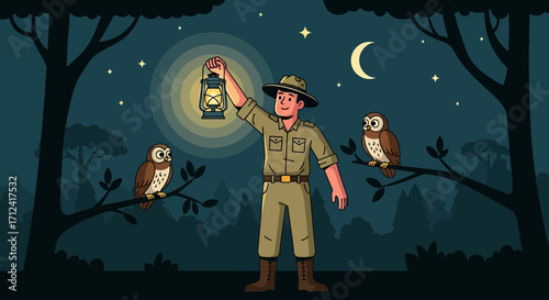 A Night Watchman Shining Light, Illustrating Owls' Roosting Under Starlit Skies