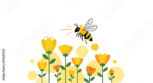 Adorable Bee Wearing A Crown Flying Around Floral Blossoms In Springtime