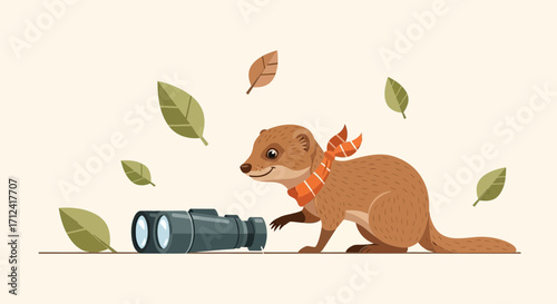 Adorable Cartoon Mongoose With Binoculars and Autumnal Leaves in A Whimsical Scene