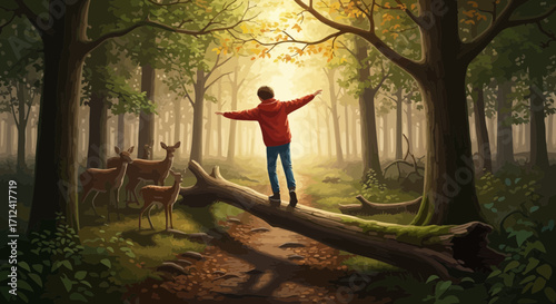 A Person Balancing on A Log in a Sunlight-filled Forest With Deer Surrounding