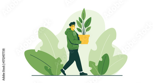 A Person Carries Potted Plant Through The Greenery, Ideal For Environment Concepts
