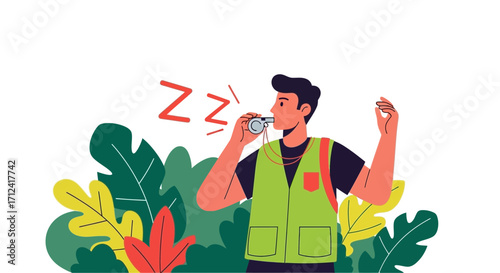 A Person Blowing A Whistle In The Jungle, With Colorful Plants And Green Vest