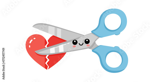 A Pair of Cartoon Scissors Cutting a Broken Heart, Symbolizing Relationship Breakup and Heartbreak